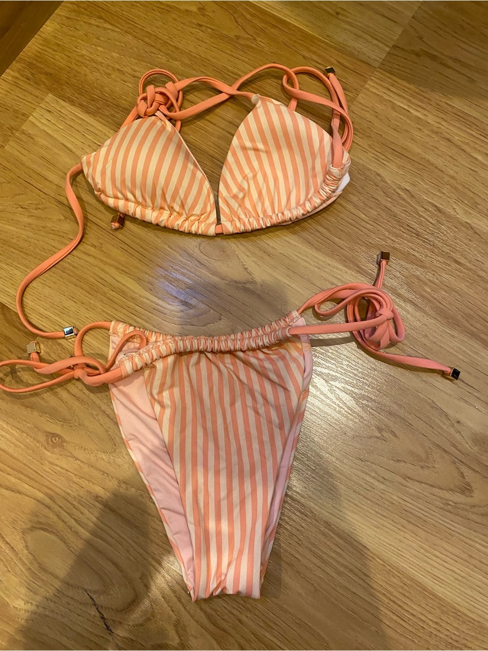 Striped Coral-Pink Tie-Side Bikini Set